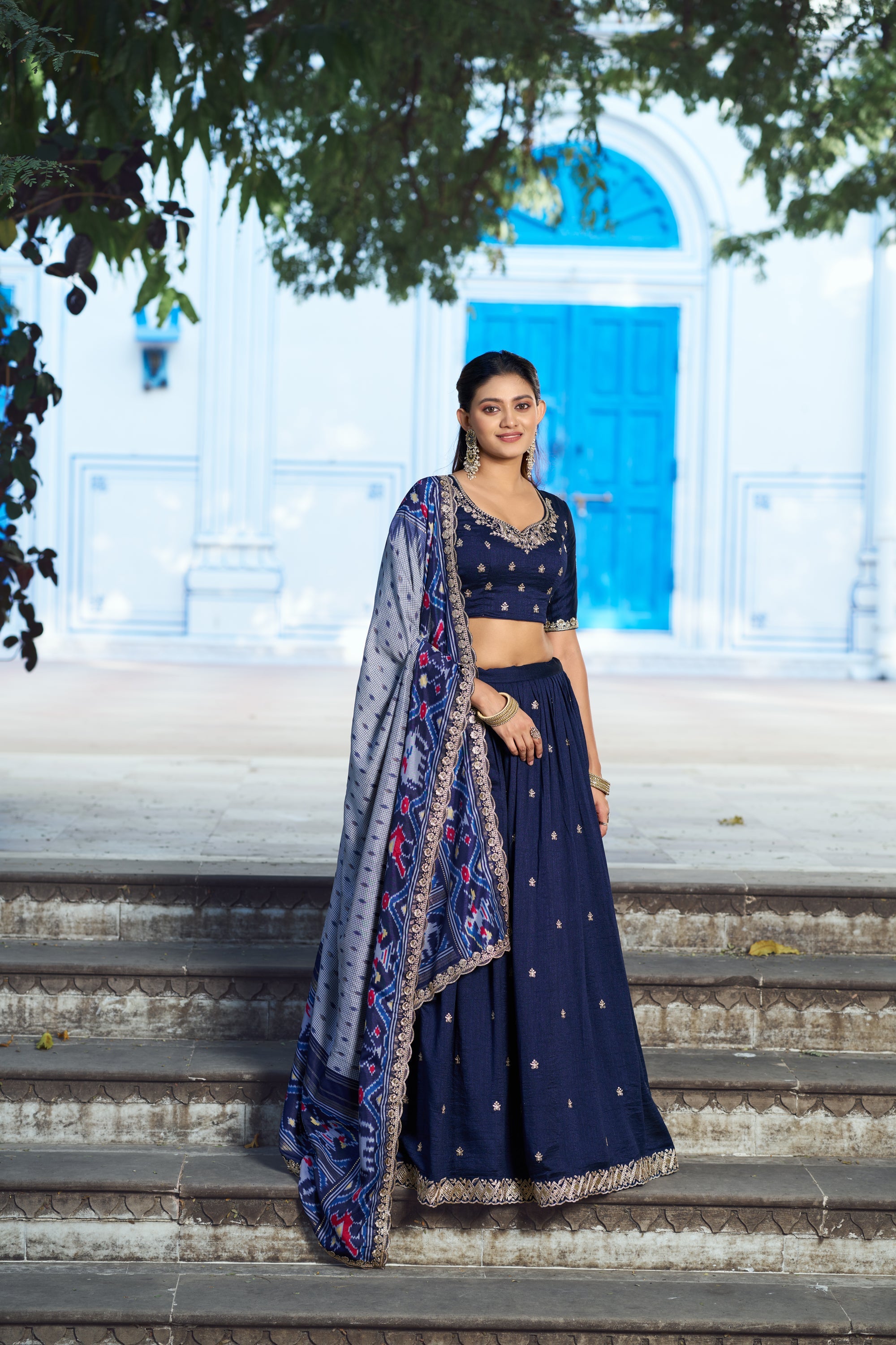 Lorenvalley Fashion Navyblue Vichitra Silk Sequins and Thread Embroidery Work Lehenga Choli with Dupatta | Grocsy