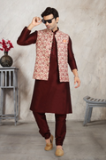 Raivat Ethnic Art Banarasi Silk Printed Work 3 Pics Jacket Set In Cream Colour | Grocsy