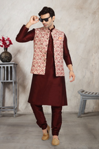 Raivat Ethnic Art Banarasi Silk Printed Work 3 Pics Jacket Set In Cream Colour | Grocsy