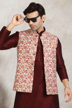 Raivat Ethnic Art Banarasi Silk Printed Work 3 Pics Jacket Set In Cream Colour | Grocsy