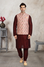 Raivat Ethnic Art Banarasi Silk Printed Work 3 Pics Jacket Set In Cream Colour | Grocsy
