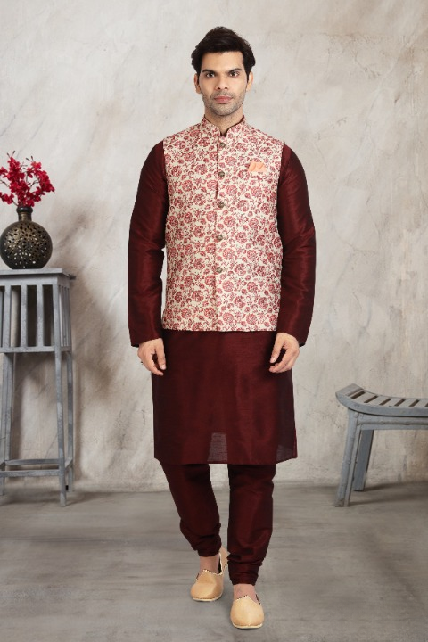 Raivat Ethnic Art Banarasi Silk Printed Work 3 Pics Jacket Set In Cream Colour | Grocsy