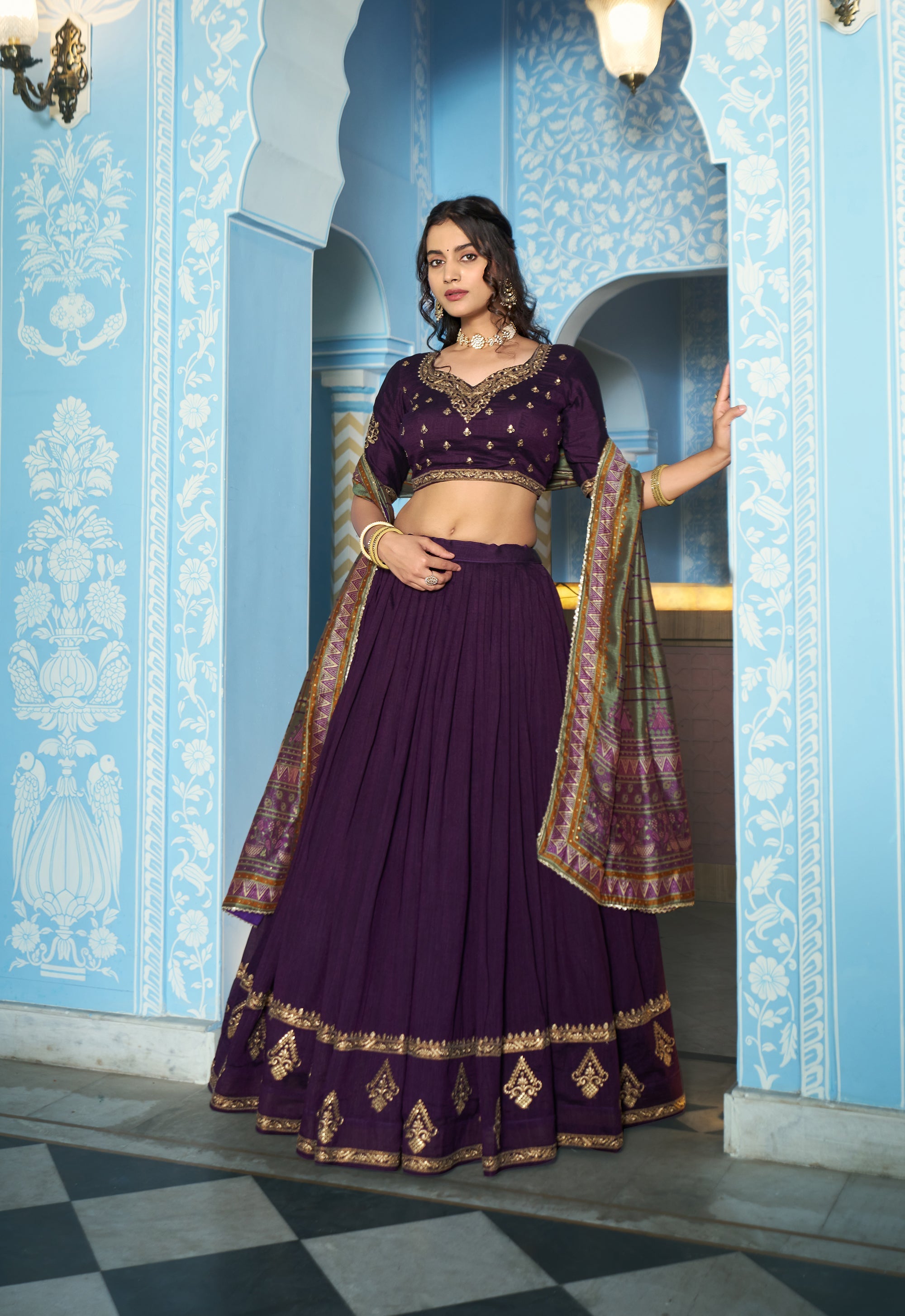 Lorenvalley Fashion Purple Vichitra Silk Sequins and Thread Embroidery Work Lehenga Choli with Dupatta | Grocsy
