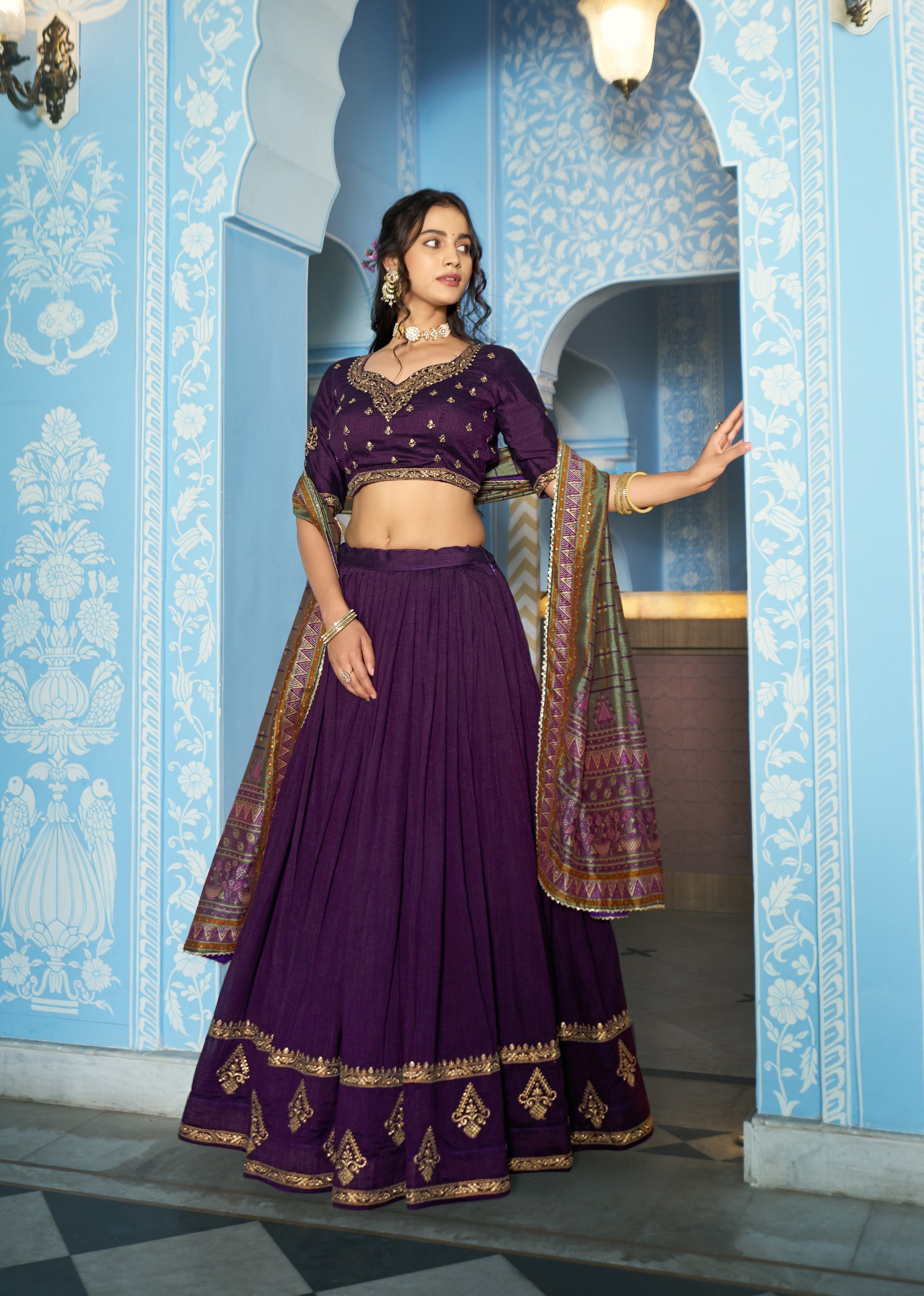 Lorenvalley Fashion Purple Vichitra Silk Sequins and Thread Embroidery Work Lehenga Choli with Dupatta | Grocsy
