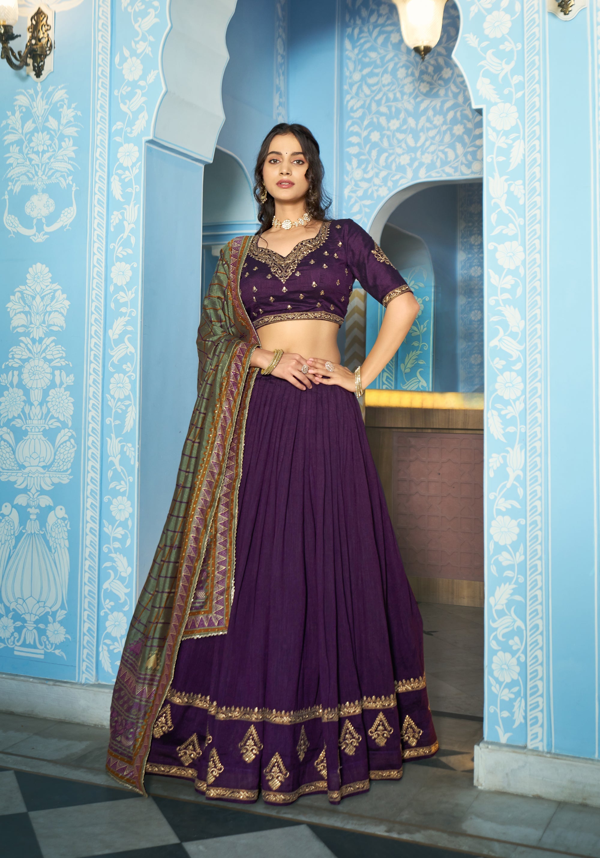 Lorenvalley Fashion Purple Vichitra Silk Sequins and Thread Embroidery Work Lehenga Choli with Dupatta | Grocsy
