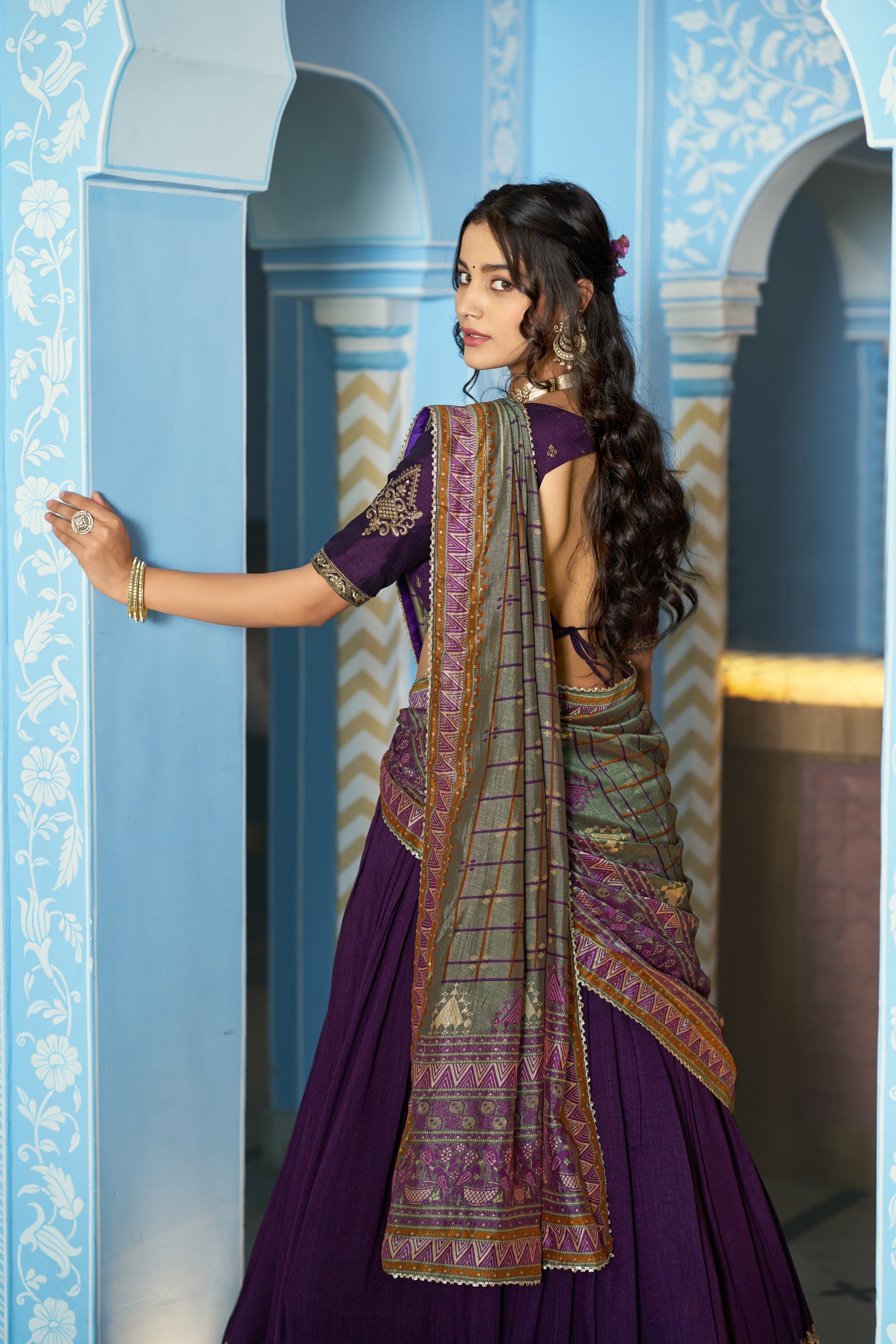 Lorenvalley Fashion Purple Vichitra Silk Sequins and Thread Embroidery Work Lehenga Choli with Dupatta | Grocsy