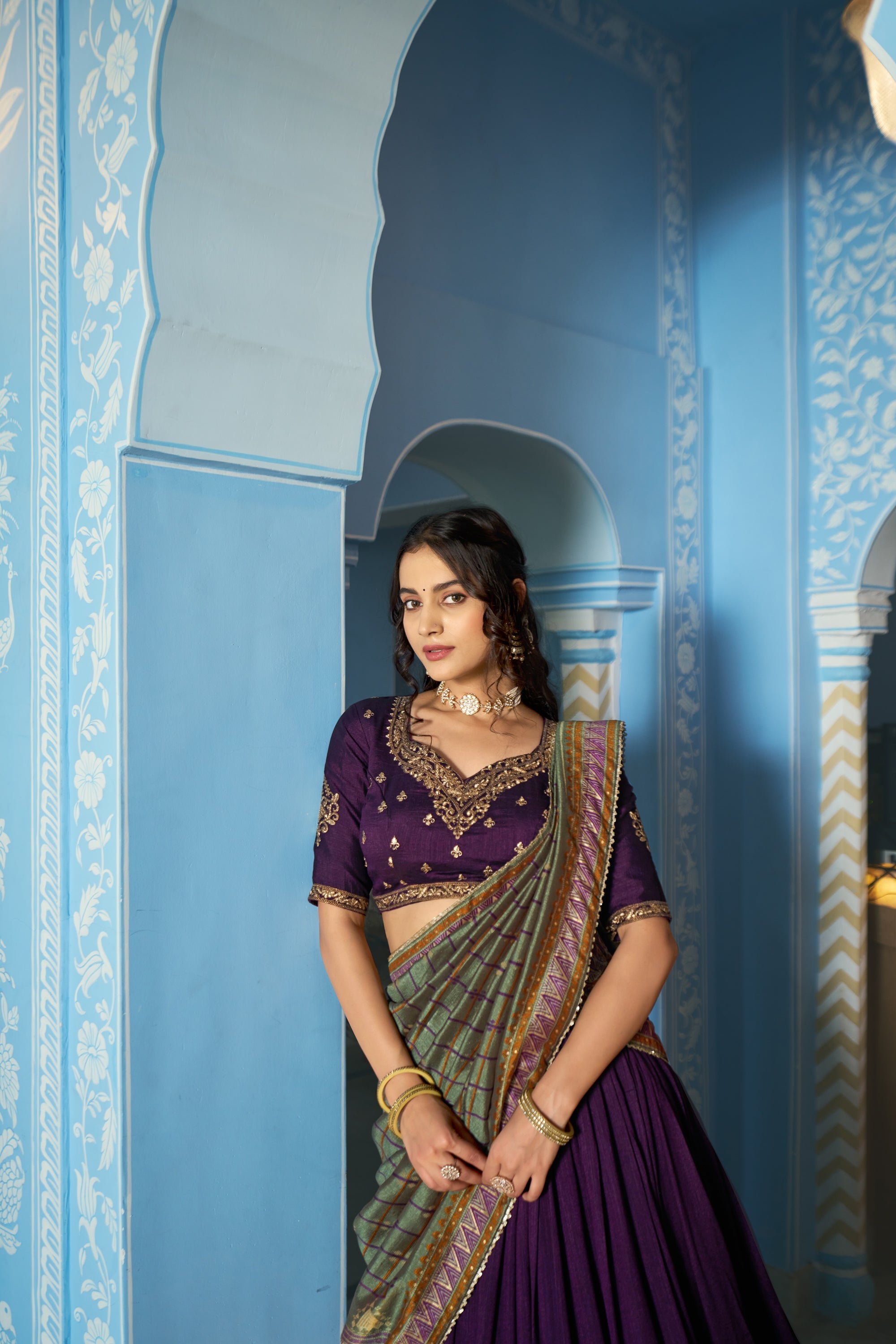 Lorenvalley Fashion Purple Vichitra Silk Sequins and Thread Embroidery Work Lehenga Choli with Dupatta | Grocsy