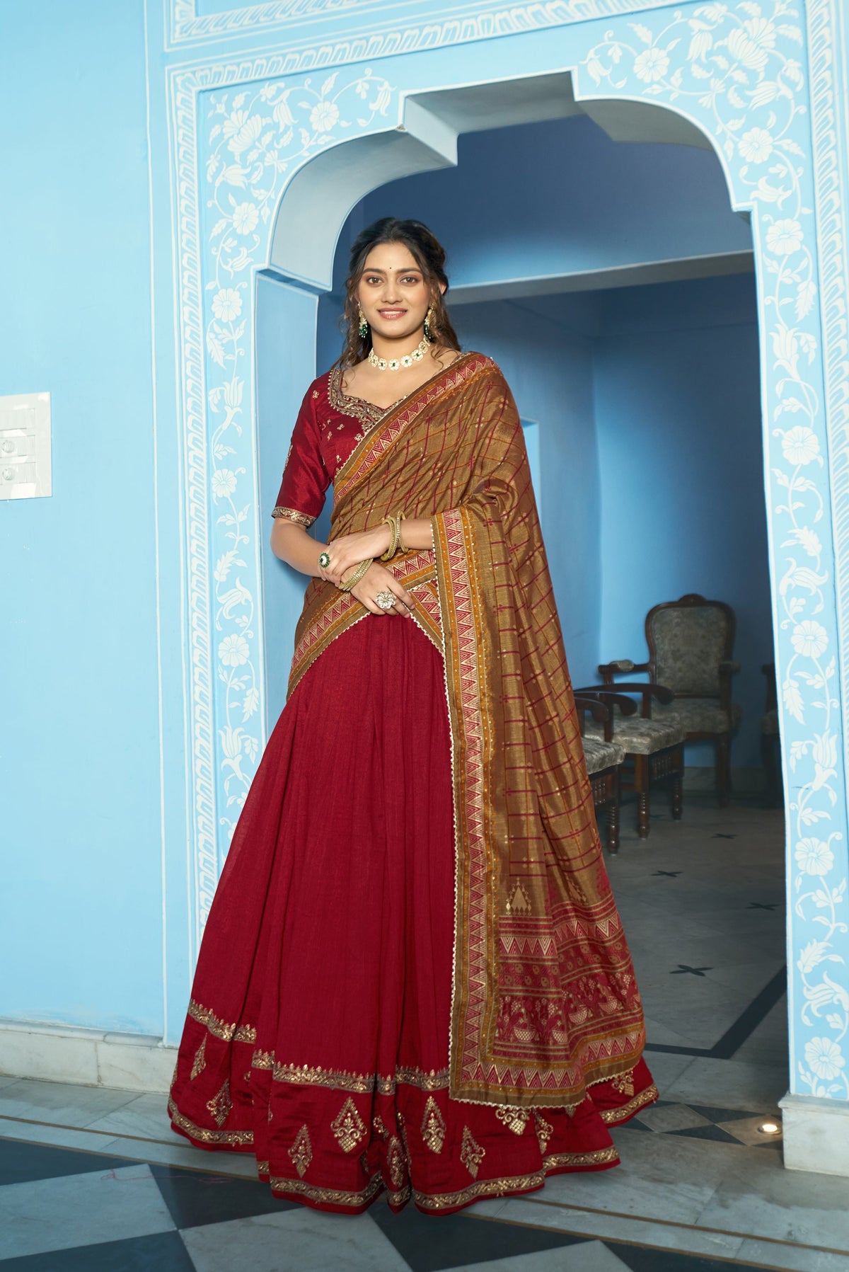 Lorenvalley Fashion Maroon Vichitra Silk Sequins and Thread Embroidery Work Lehenga Choli with Dupatta | Grocsy