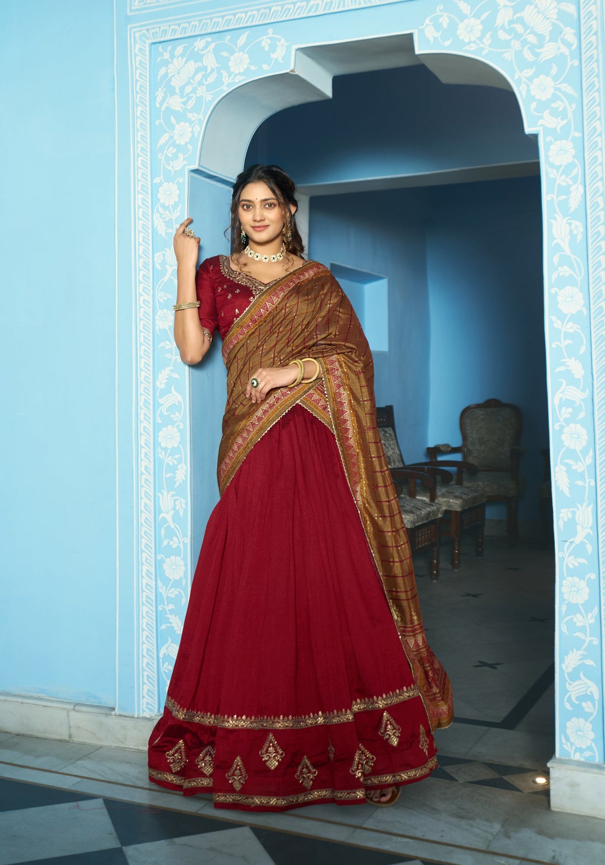 Lorenvalley Fashion Maroon Vichitra Silk Sequins and Thread Embroidery Work Lehenga Choli with Dupatta | Grocsy