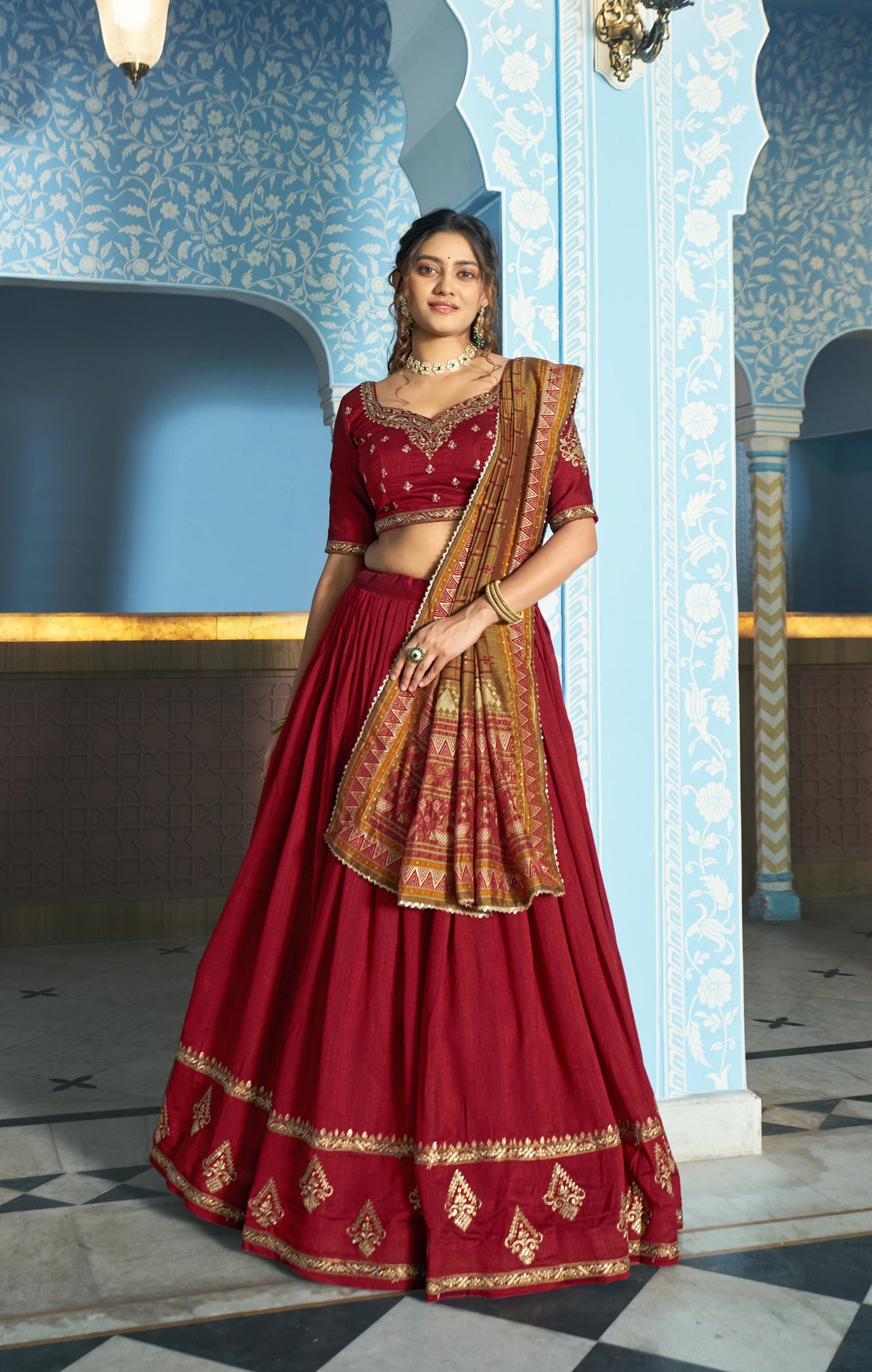 Lorenvalley Fashion Maroon Vichitra Silk Sequins and Thread Embroidery Work Lehenga Choli with Dupatta | Grocsy