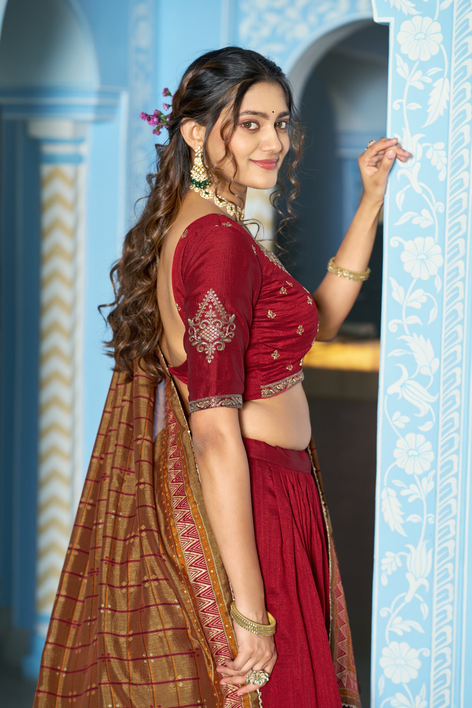 Lorenvalley Fashion Maroon Vichitra Silk Sequins and Thread Embroidery Work Lehenga Choli with Dupatta | Grocsy
