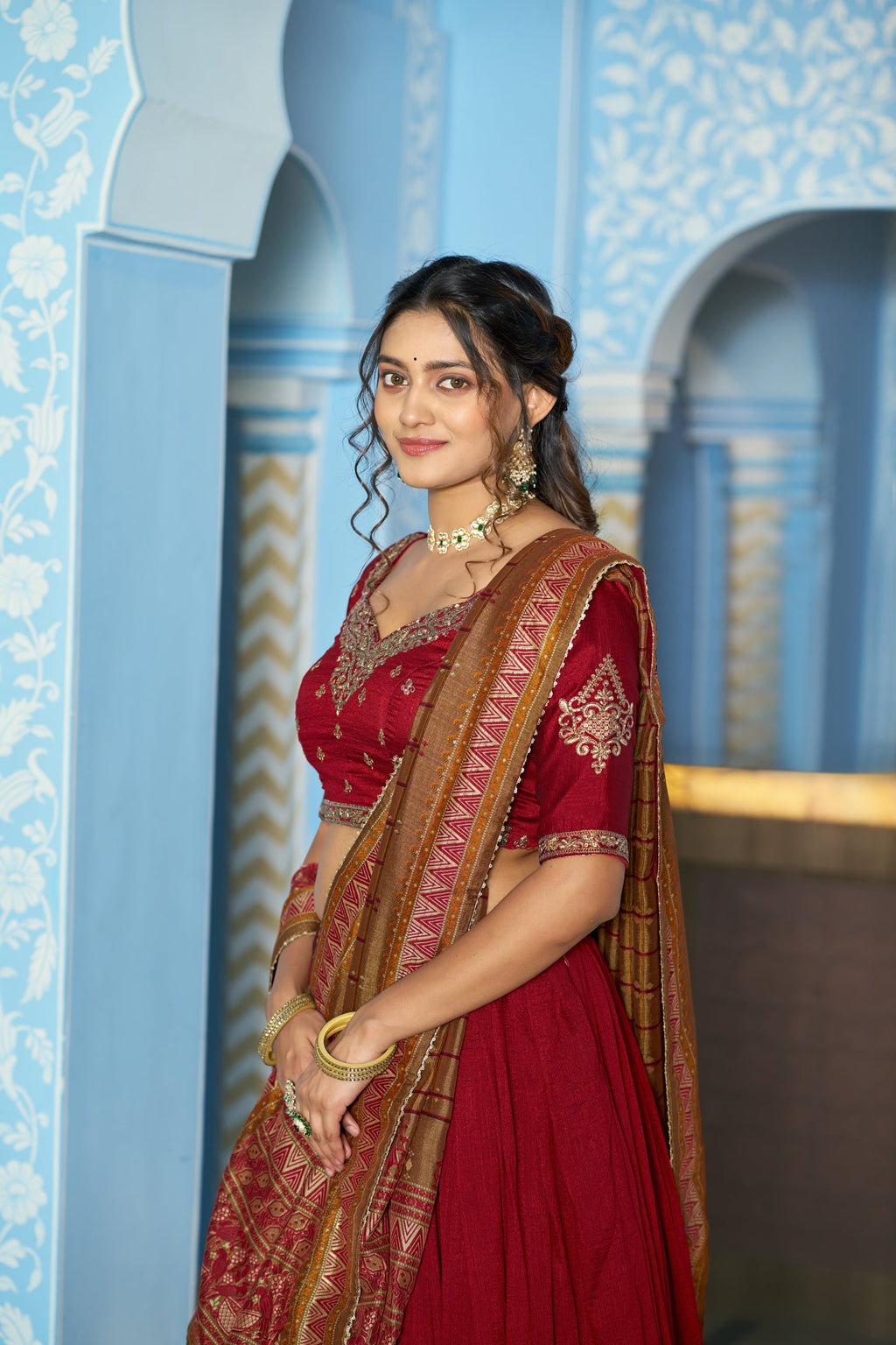 Lorenvalley Fashion Maroon Vichitra Silk Sequins and Thread Embroidery Work Lehenga Choli with Dupatta | Grocsy