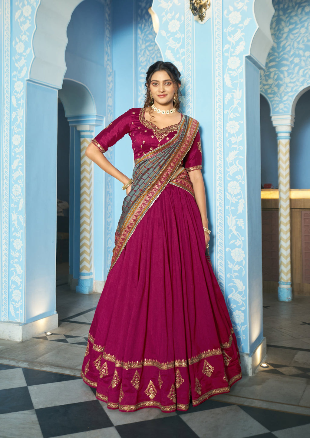 Lorenvalley Fashion Ranipink Vichitra Silk Sequins and Thread Embroidery Work Lehenga Choli with Dupatta | Grocsy