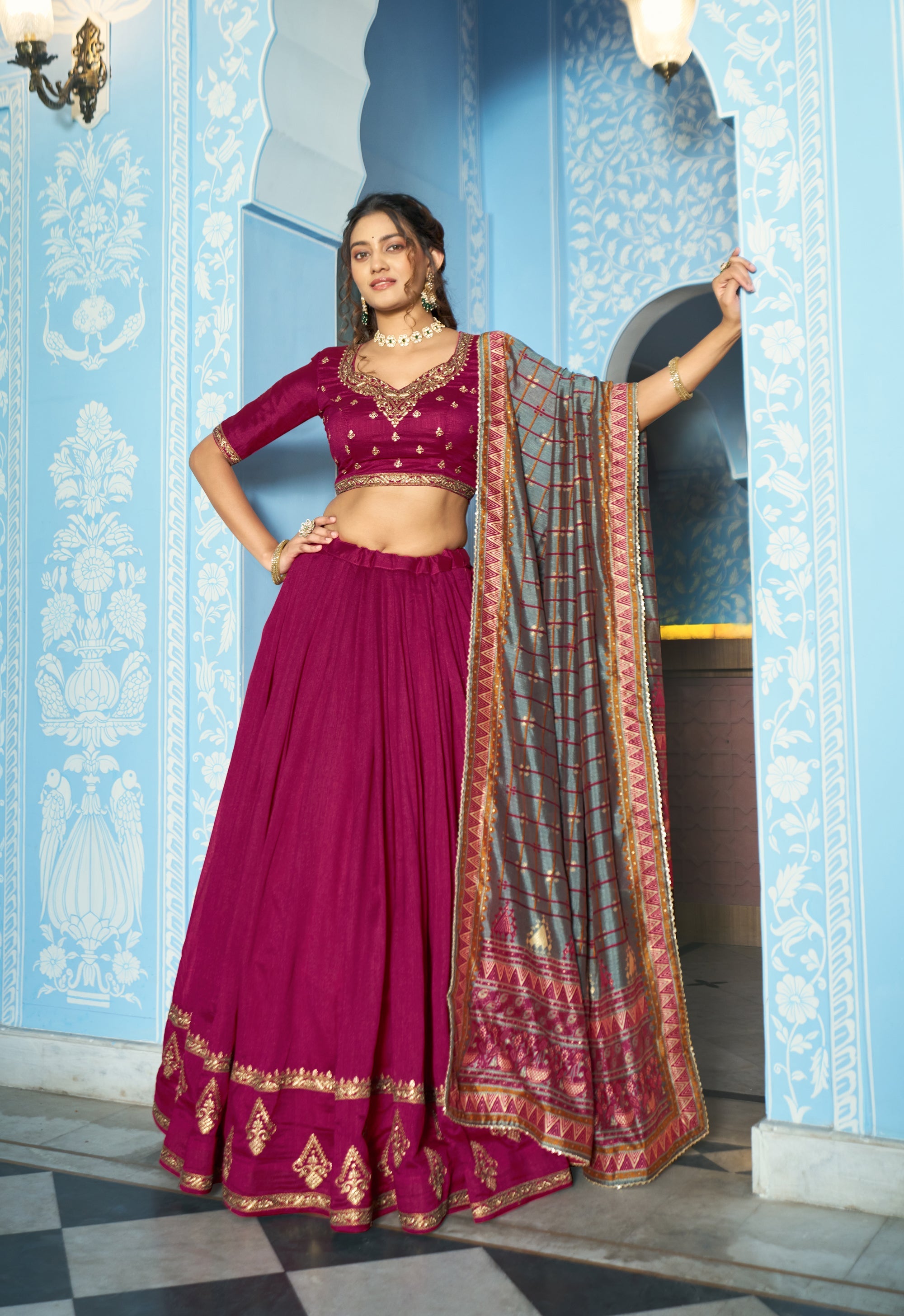 Lorenvalley Fashion Ranipink Vichitra Silk Sequins and Thread Embroidery Work Lehenga Choli with Dupatta | Grocsy