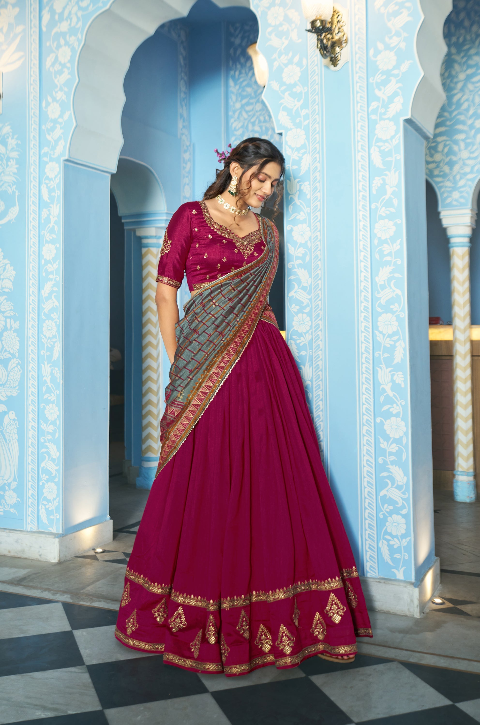 Lorenvalley Fashion Ranipink Vichitra Silk Sequins and Thread Embroidery Work Lehenga Choli with Dupatta | Grocsy