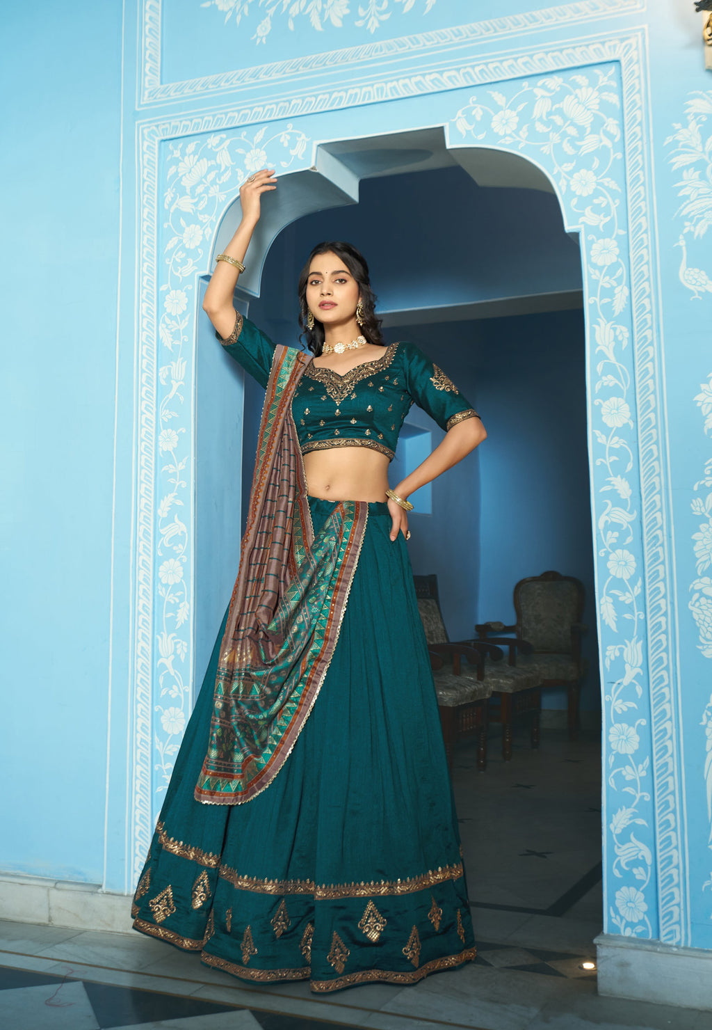 Lorenvalley Fashion Teal Vichitra Silk Sequins and Thread Embroidery Work Lehenga Choli with Dupatta | Grocsy