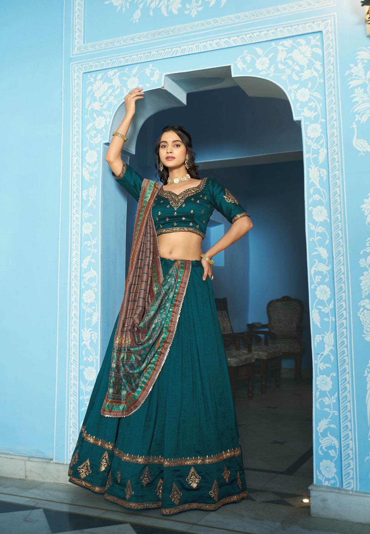 Lorenvalley Fashion Teal Vichitra Silk Sequins and Thread Embroidery Work Lehenga Choli with Dupatta | Grocsy