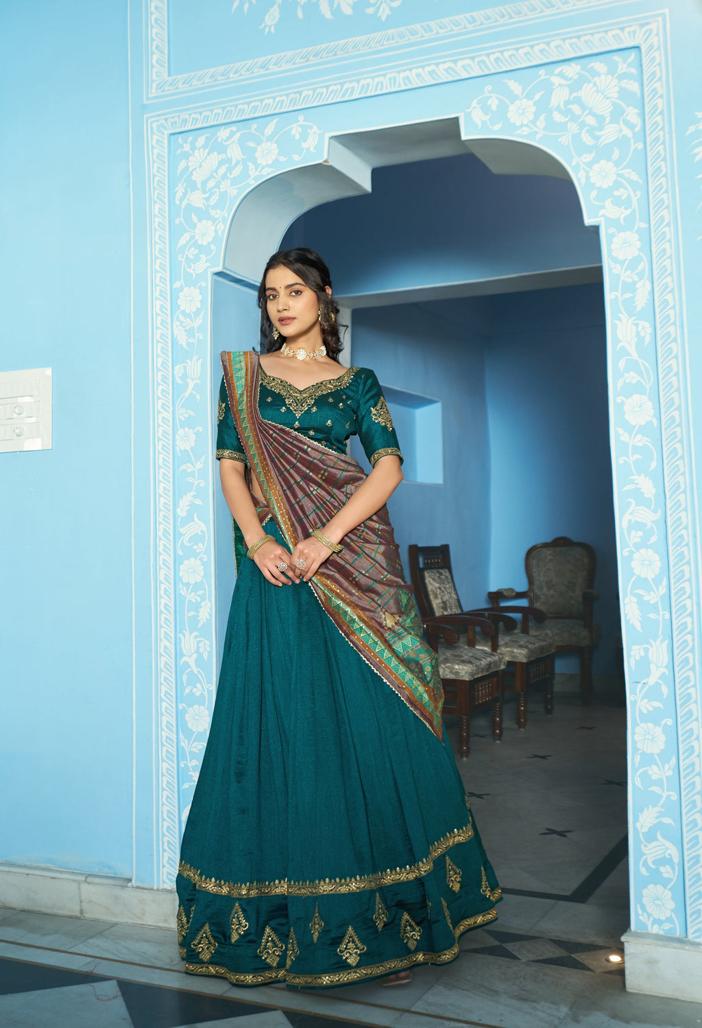 Lorenvalley Fashion Teal Vichitra Silk Sequins and Thread Embroidery Work Lehenga Choli with Dupatta | Grocsy