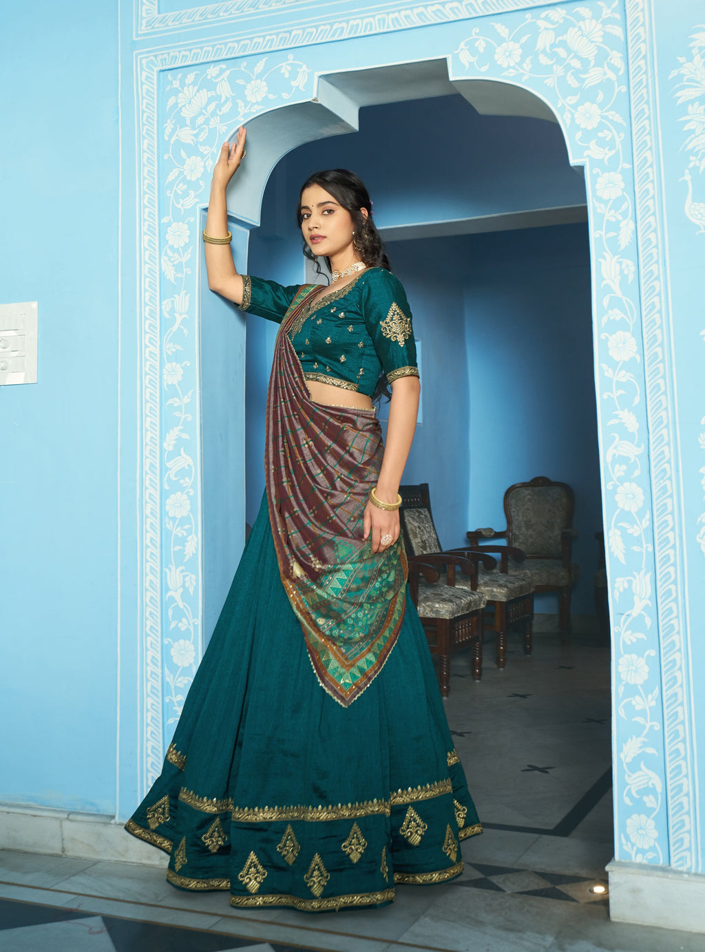 Lorenvalley Fashion Teal Vichitra Silk Sequins and Thread Embroidery Work Lehenga Choli with Dupatta | Grocsy