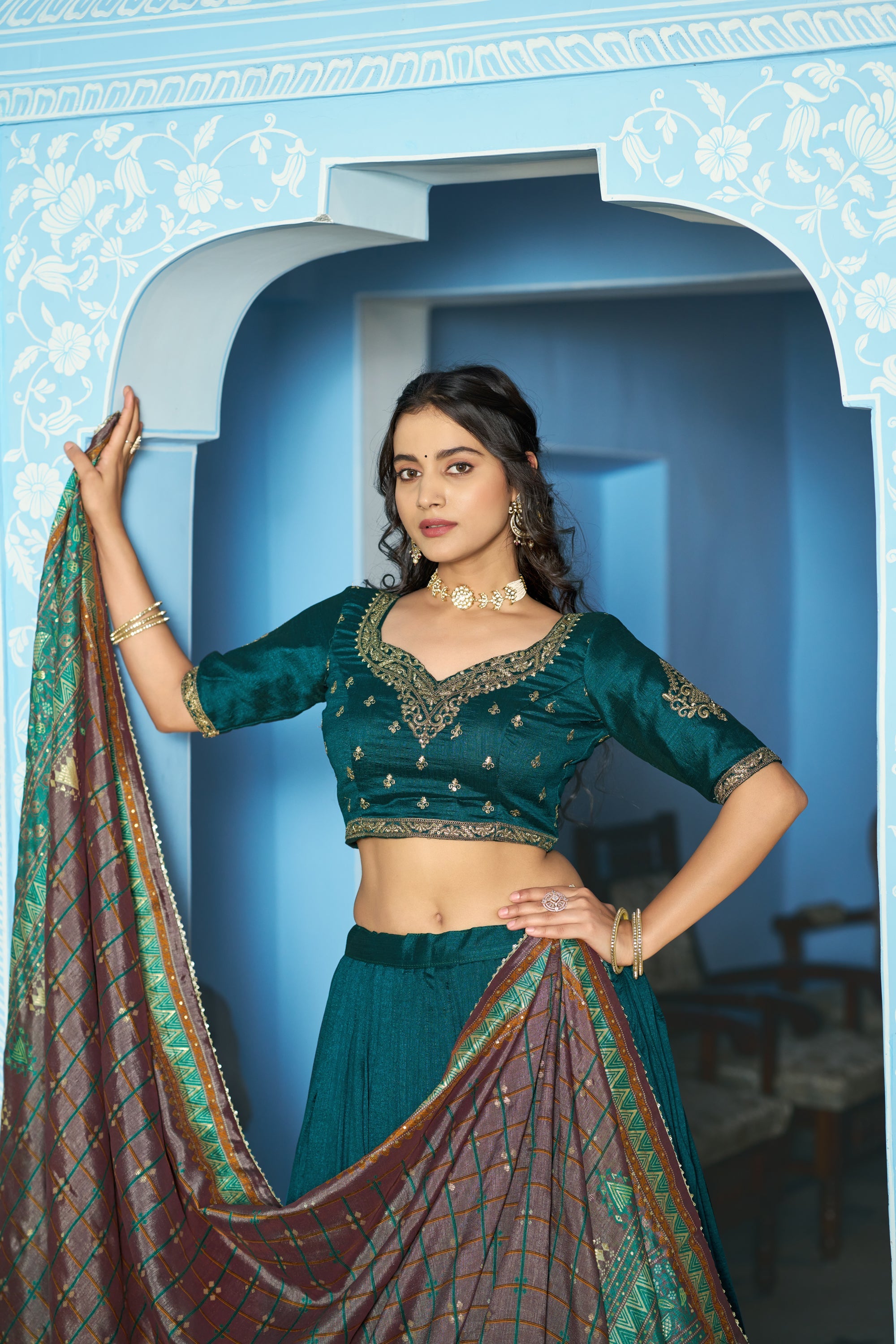 Lorenvalley Fashion Teal Vichitra Silk Sequins and Thread Embroidery Work Lehenga Choli with Dupatta | Grocsy