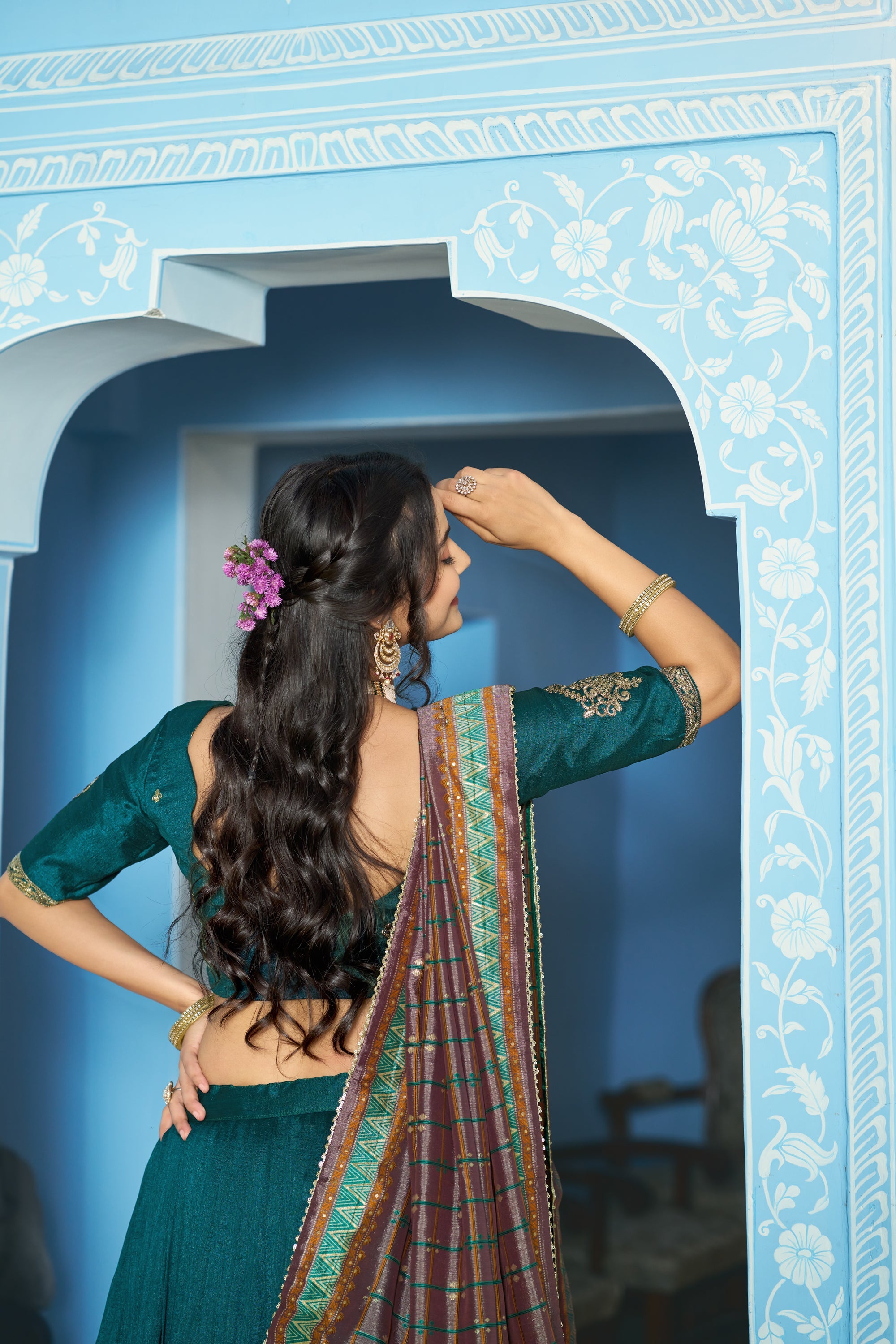 Lorenvalley Fashion Teal Vichitra Silk Sequins and Thread Embroidery Work Lehenga Choli with Dupatta | Grocsy