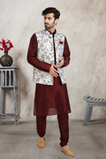 Raivat Ethnic Art Banarasi Silk Printed Work 3 Pics Jacket Set In Off White Colour | Grocsy