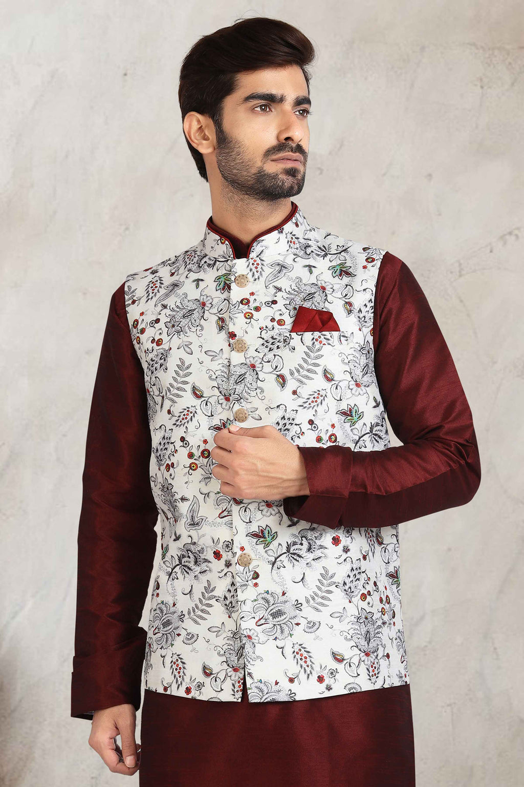 Raivat Ethnic Art Banarasi Silk Printed Work 3 Pics Jacket Set In Off White Colour | Grocsy