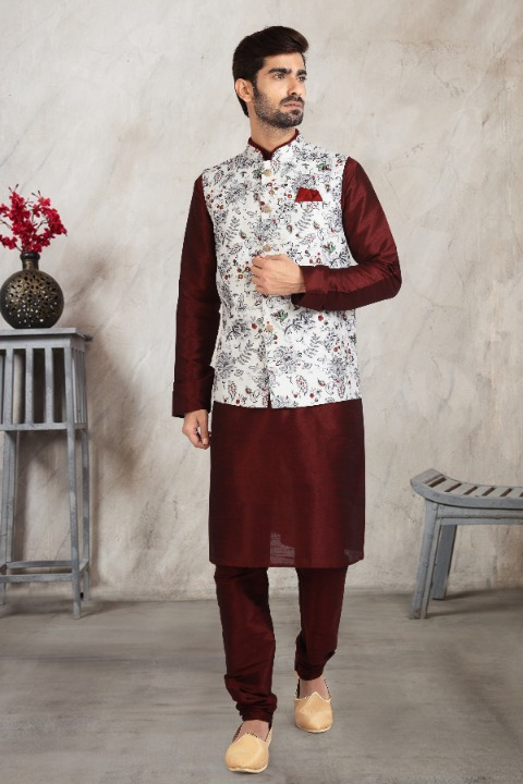 Raivat Ethnic Art Banarasi Silk Printed Work 3 Pics Jacket Set In Off White Colour | Grocsy