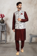 Raivat Ethnic Art Banarasi Silk Printed Work 3 Pics Jacket Set In Off White Colour | Grocsy
