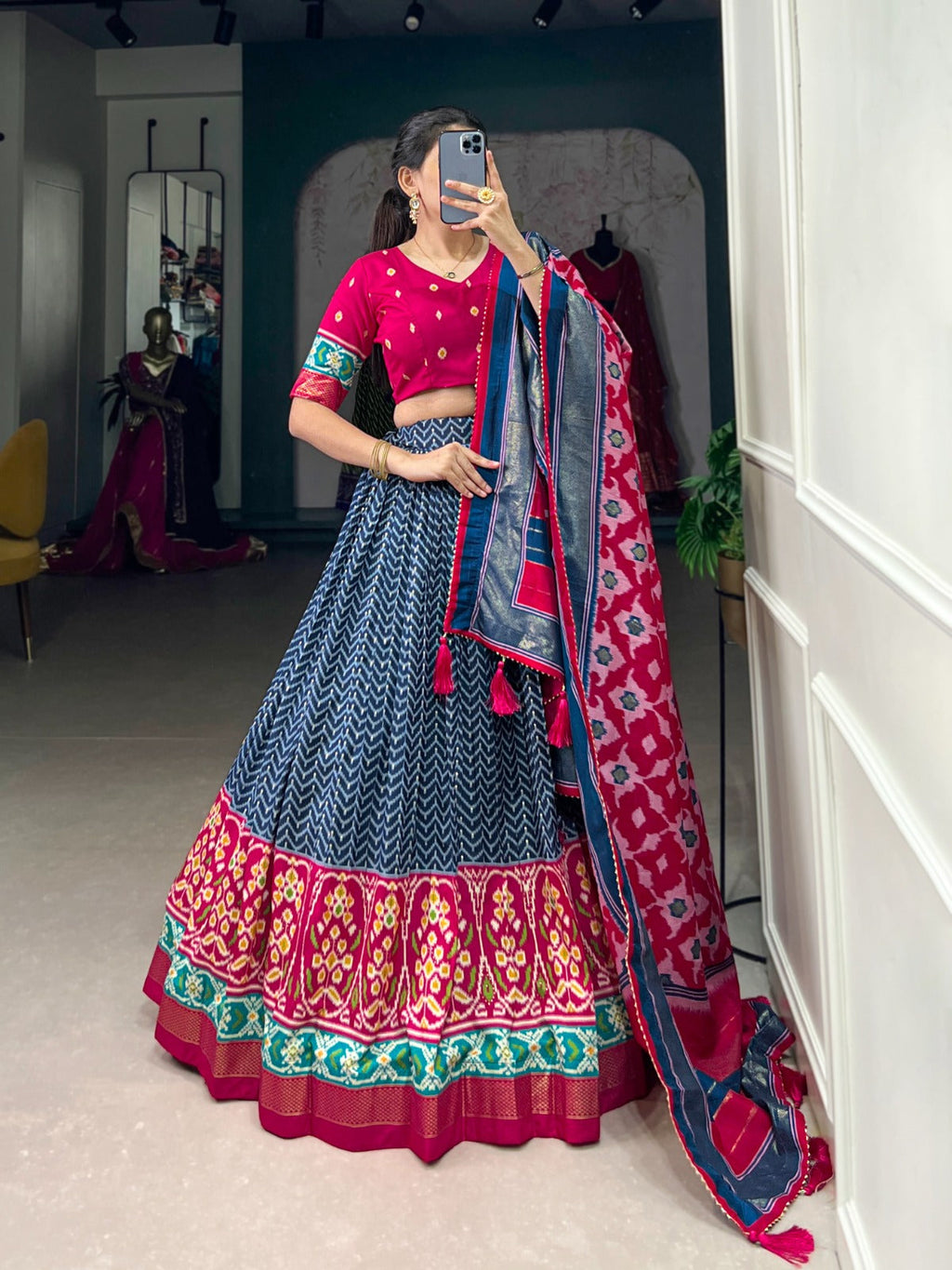 Lorenvalley Blue Tussar Silk Patola With Foil Print Lehenga Choli | Grocsy