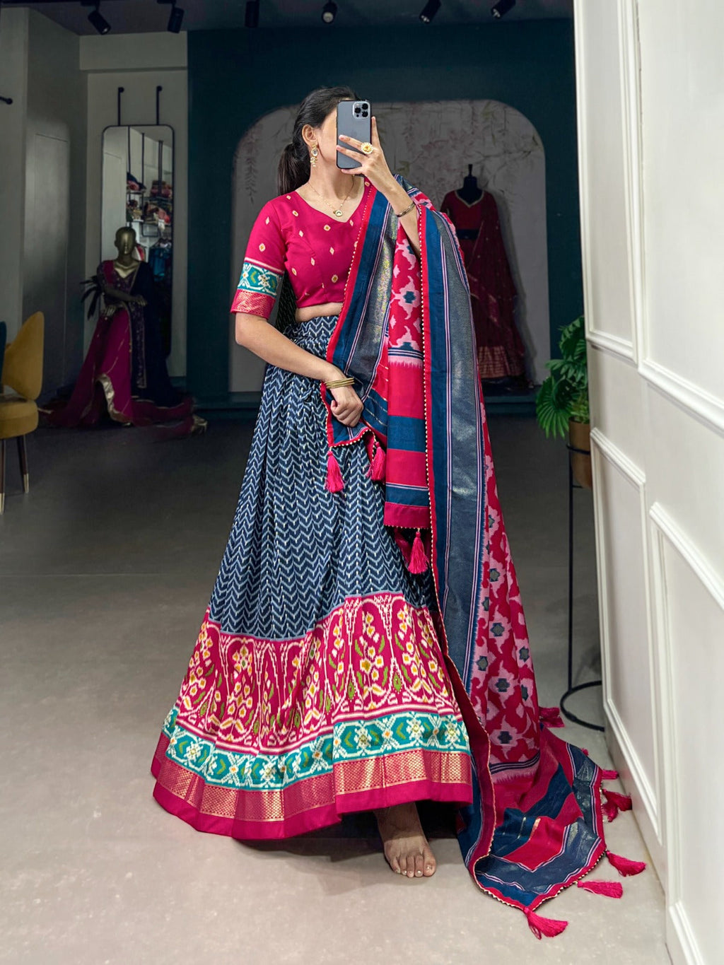 Lorenvalley Blue Tussar Silk Patola With Foil Print Lehenga Choli | Grocsy
