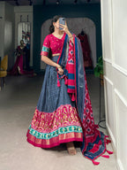 Lorenvalley Blue Tussar Silk Patola With Foil Print Lehenga Choli | Grocsy