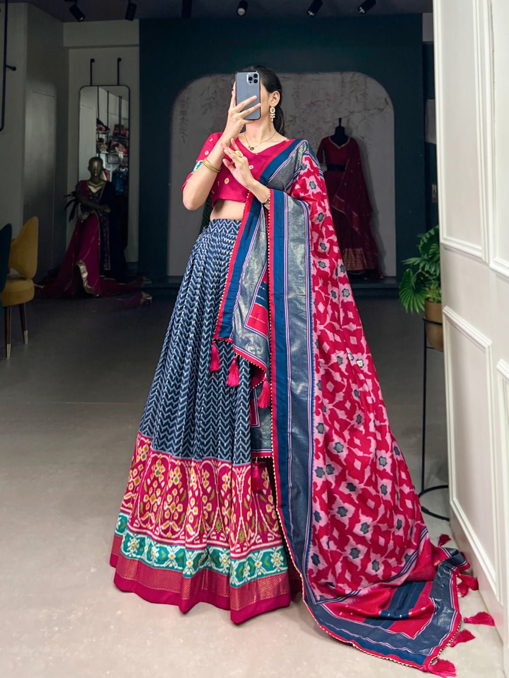 Lorenvalley Blue Tussar Silk Patola With Foil Print Lehenga Choli | Grocsy