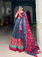 Lorenvalley Blue Tussar Silk Patola With Foil Print Lehenga Choli | Grocsy