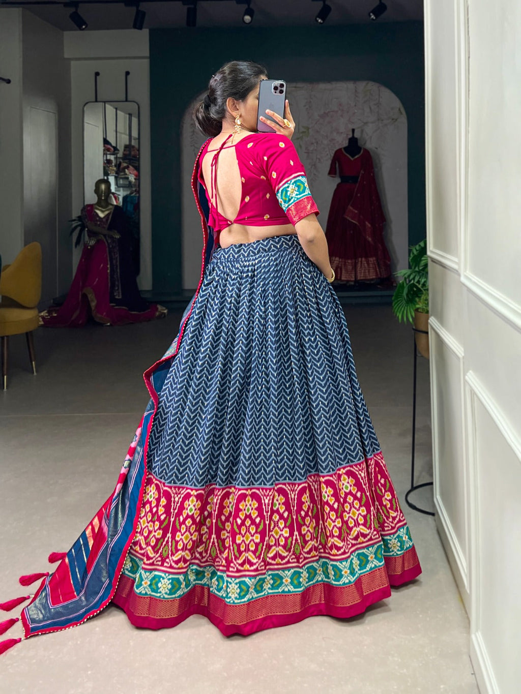 Lorenvalley Blue Tussar Silk Patola With Foil Print Lehenga Choli | Grocsy