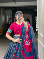 Lorenvalley Blue Tussar Silk Patola With Foil Print Lehenga Choli | Grocsy