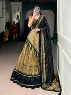 Lorenvalley Fashion Gold Tasar Silk Kalamkari Print With Lace Border Lehenga Choli with Dupatta | Grocsy