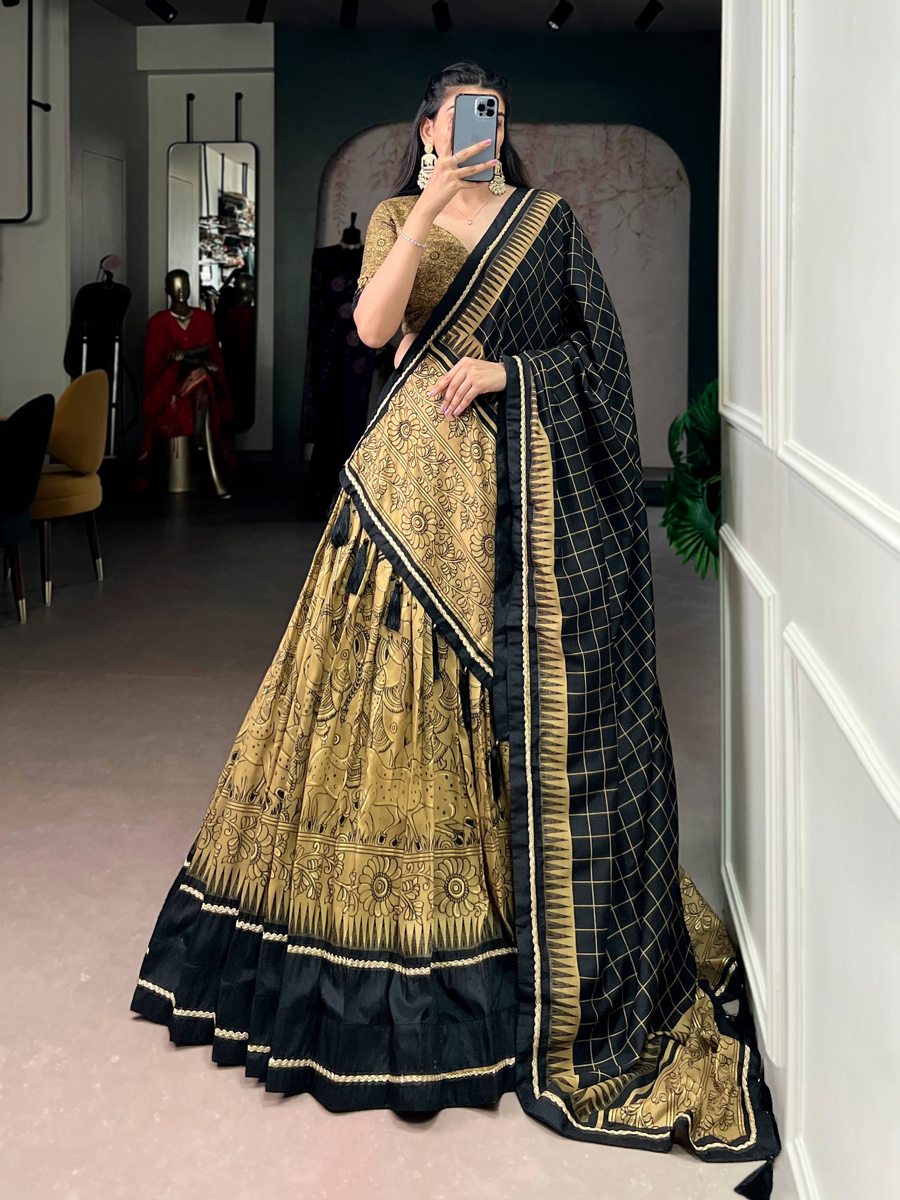 Lorenvalley Fashion Gold Tasar Silk Kalamkari Print With Lace Border Lehenga Choli with Dupatta | Grocsy