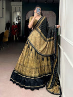 Lorenvalley Fashion Gold Tasar Silk Kalamkari Print With Lace Border Lehenga Choli with Dupatta | Grocsy