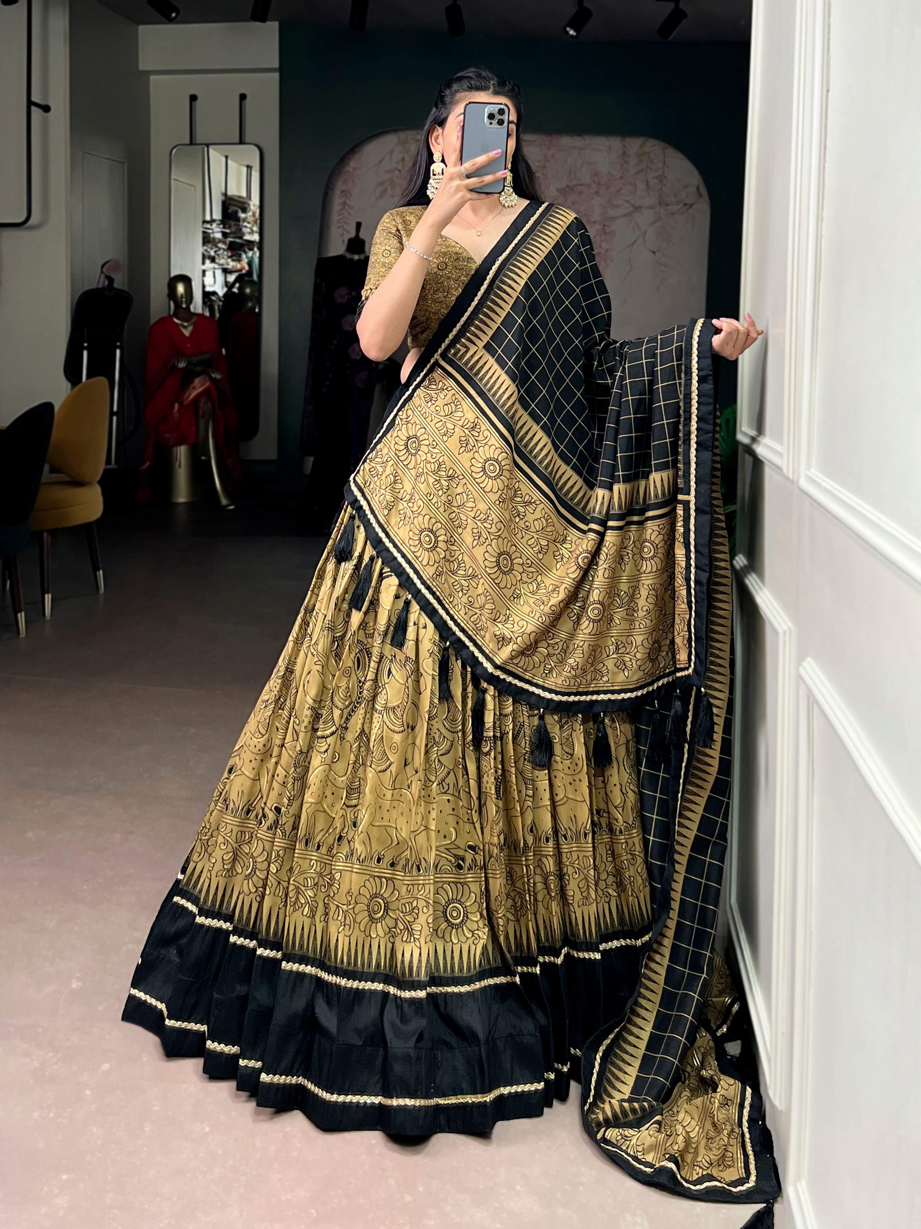 Lorenvalley Fashion Gold Tasar Silk Kalamkari Print With Lace Border Lehenga Choli with Dupatta | Grocsy