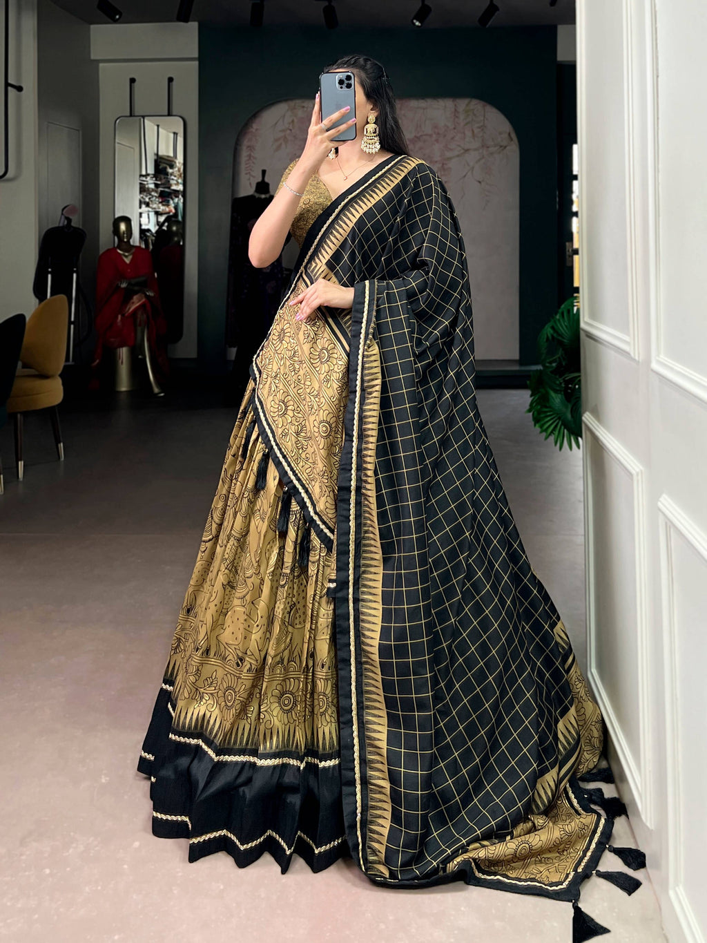 Lorenvalley Fashion Gold Tasar Silk Kalamkari Print With Lace Border Lehenga Choli with Dupatta | Grocsy