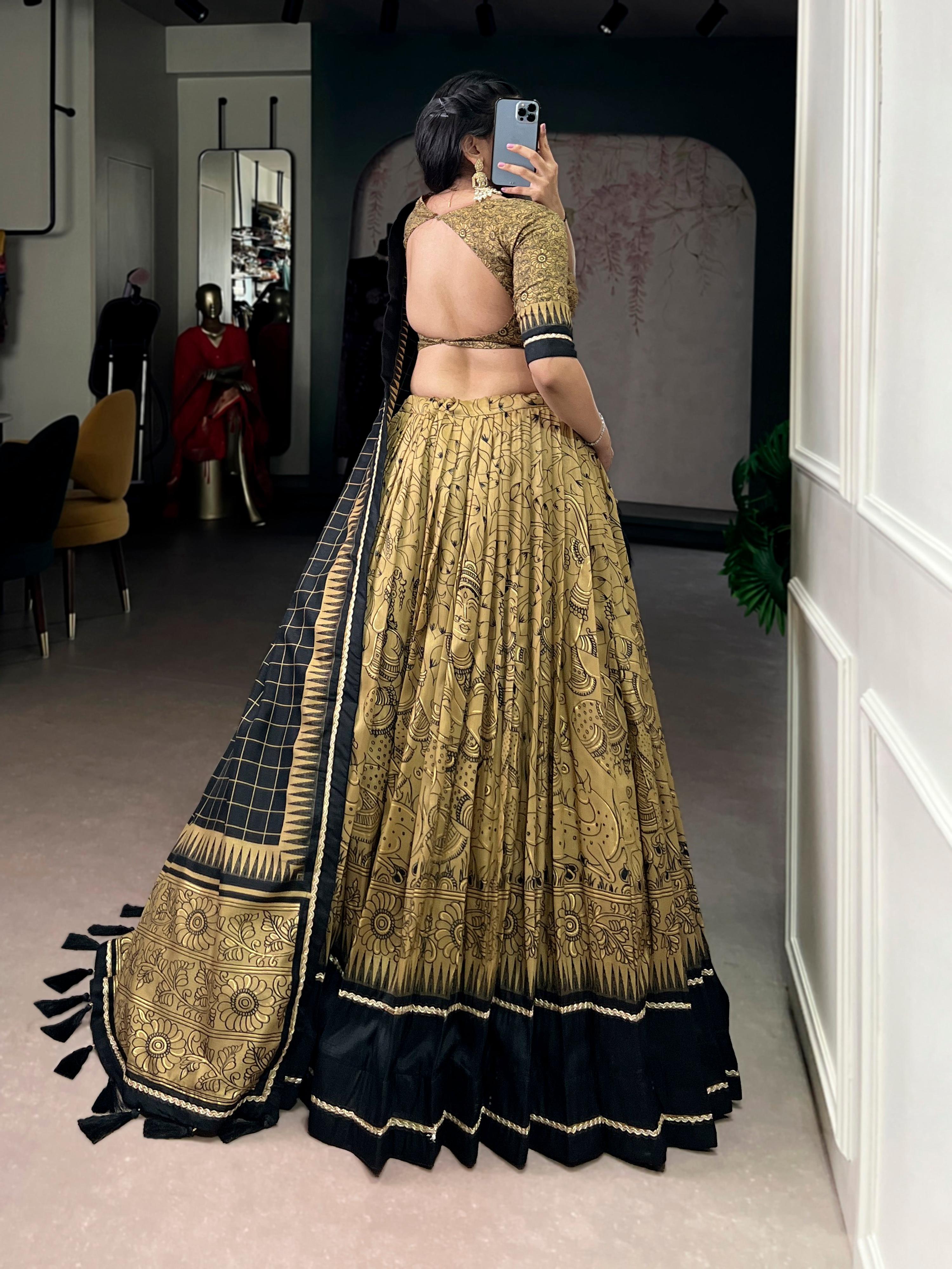 Lorenvalley Fashion Gold Tasar Silk Kalamkari Print With Lace Border Lehenga Choli with Dupatta | Grocsy