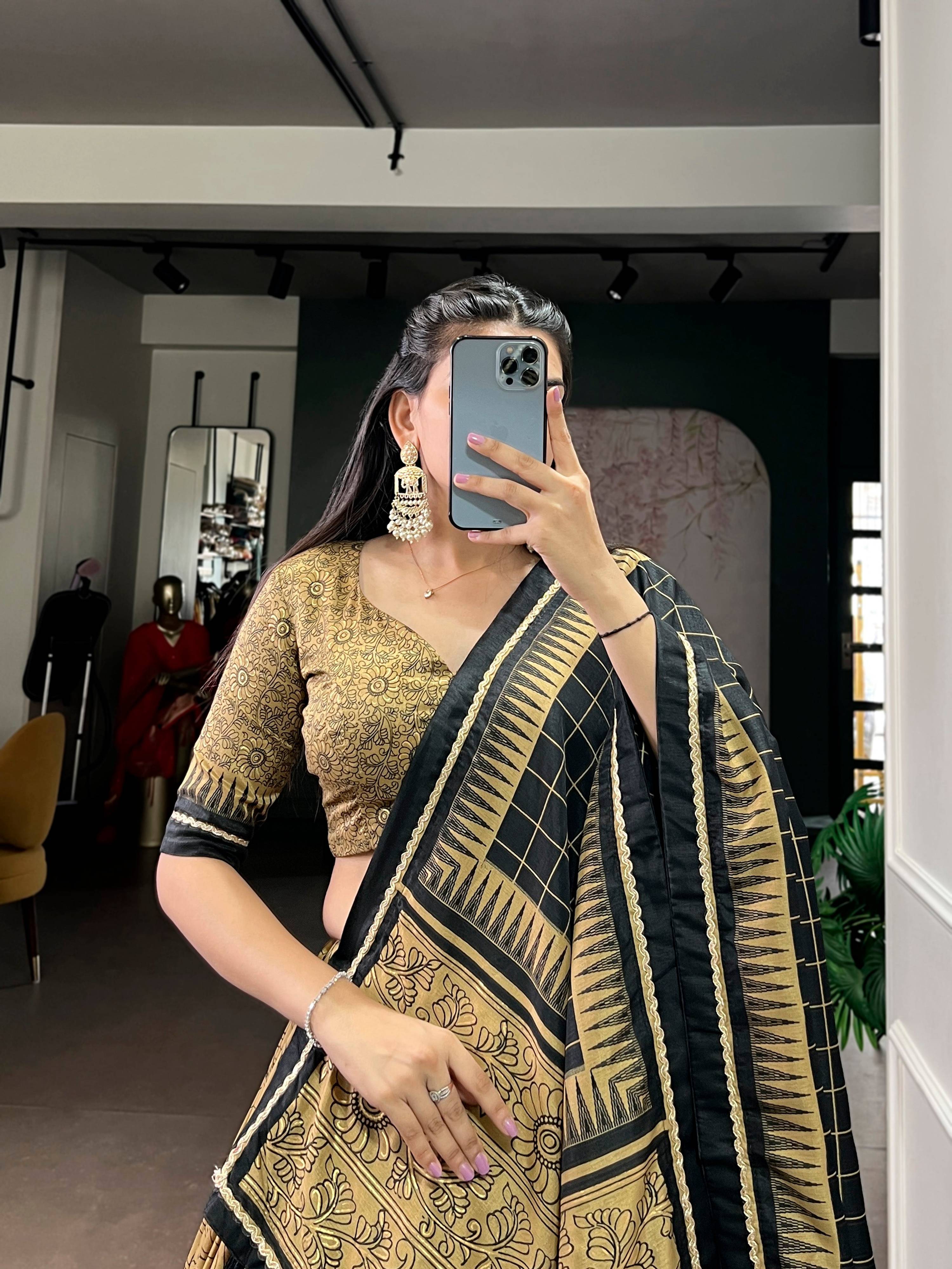Lorenvalley Fashion Gold Tasar Silk Kalamkari Print With Lace Border Lehenga Choli with Dupatta | Grocsy