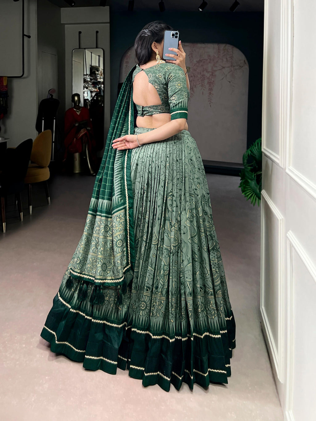 Lorenvalley Fashion Green Tasar Silk Kalamkari Print With Lace Border Lehenga Choli with Dupatta | Grocsy