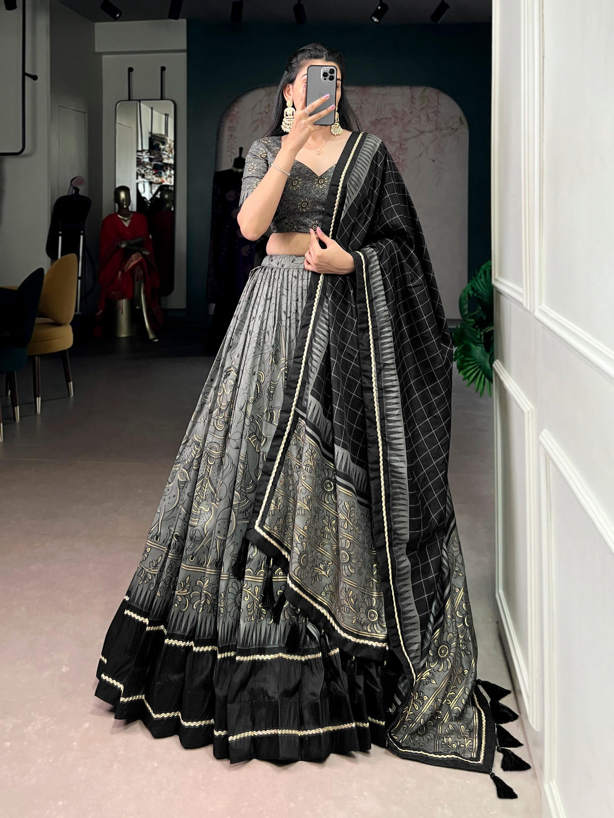 Lorenvalley Fashion Grey Tasar Silk Kalamkari Print With Lace Border Lehenga Choli with Dupatta | Grocsy