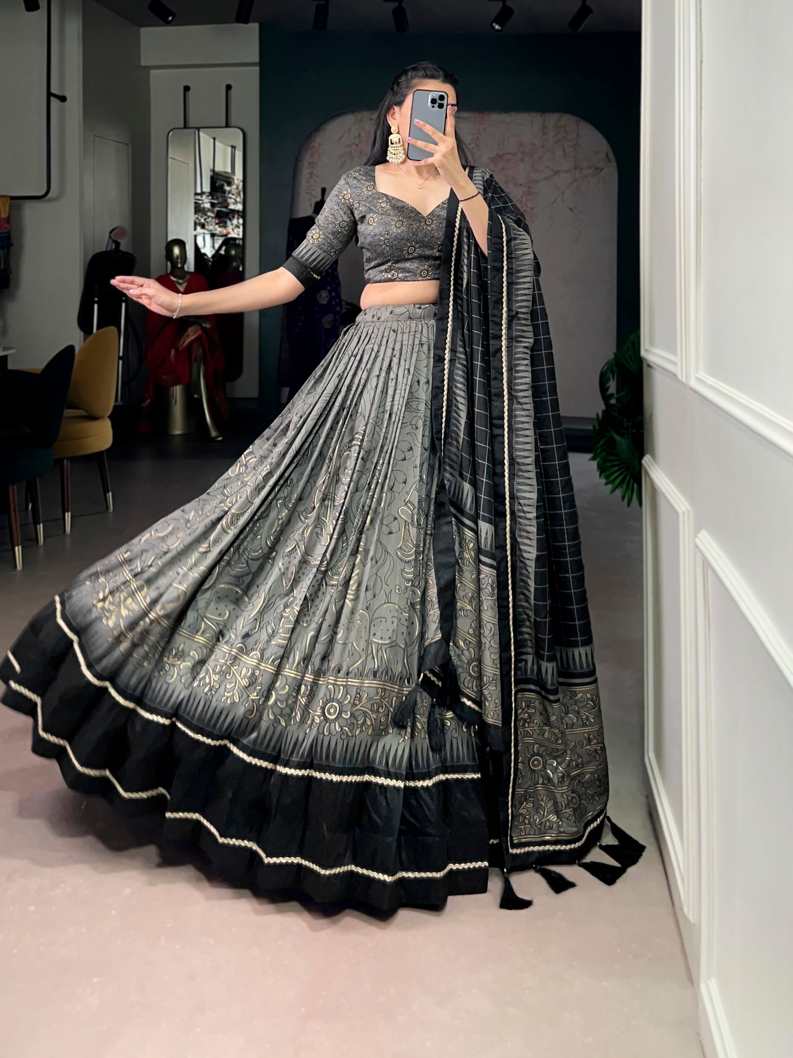 Lorenvalley Fashion Grey Tasar Silk Kalamkari Print With Lace Border Lehenga Choli with Dupatta | Grocsy