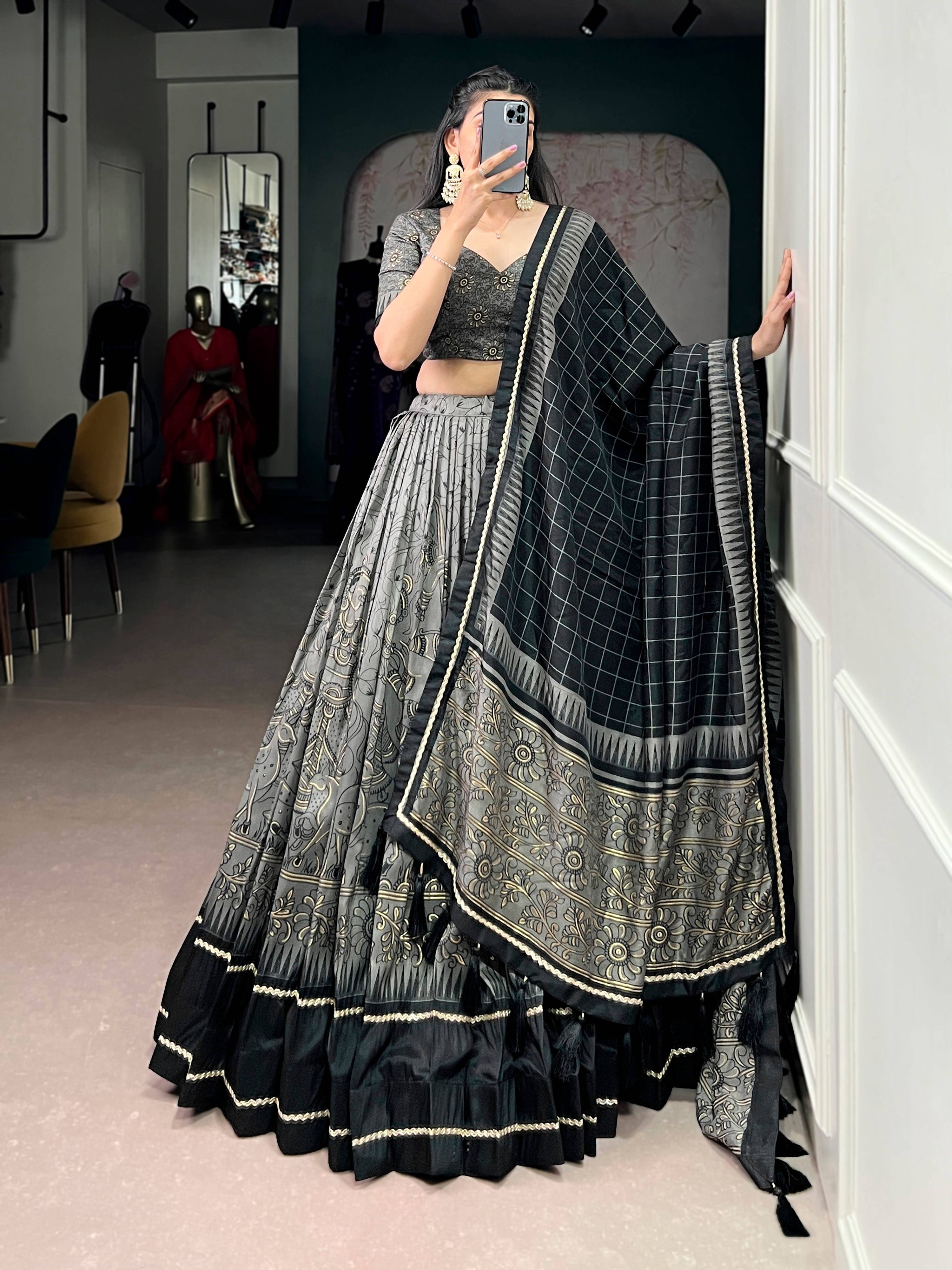 Lorenvalley Fashion Grey Tasar Silk Kalamkari Print With Lace Border Lehenga Choli with Dupatta | Grocsy