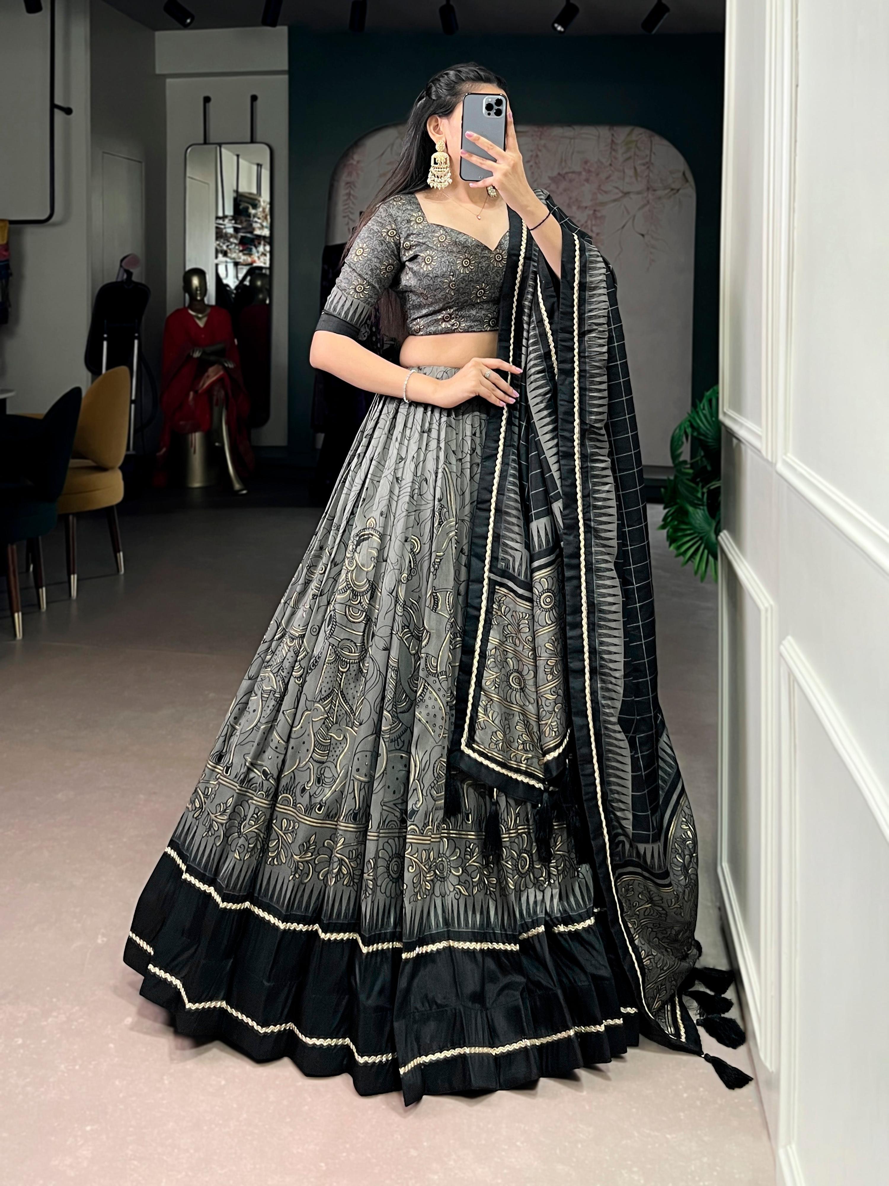 Lorenvalley Fashion Grey Tasar Silk Kalamkari Print With Lace Border Lehenga Choli with Dupatta | Grocsy