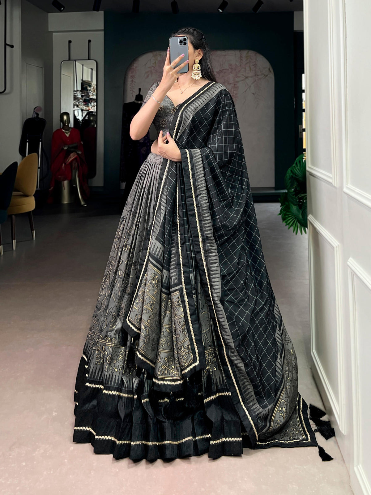 Lorenvalley Fashion Grey Tasar Silk Kalamkari Print With Lace Border Lehenga Choli with Dupatta | Grocsy