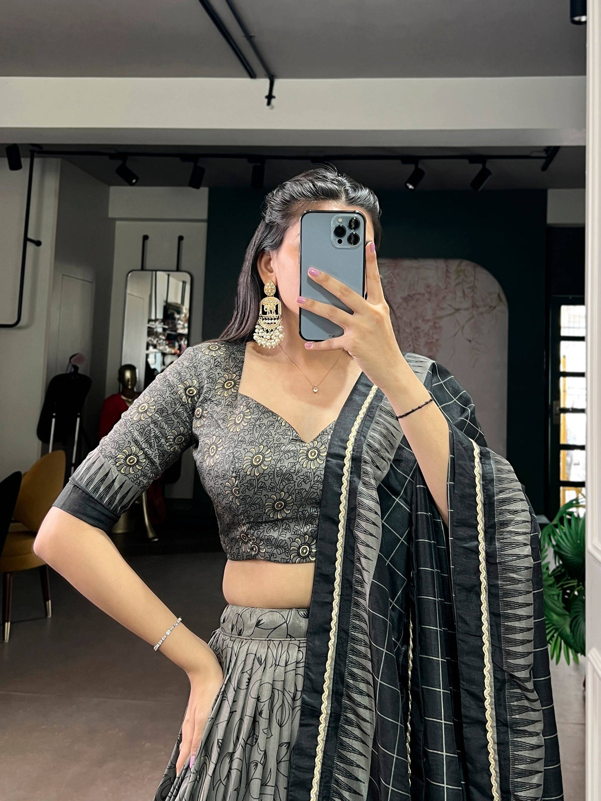 Lorenvalley Fashion Grey Tasar Silk Kalamkari Print With Lace Border Lehenga Choli with Dupatta | Grocsy